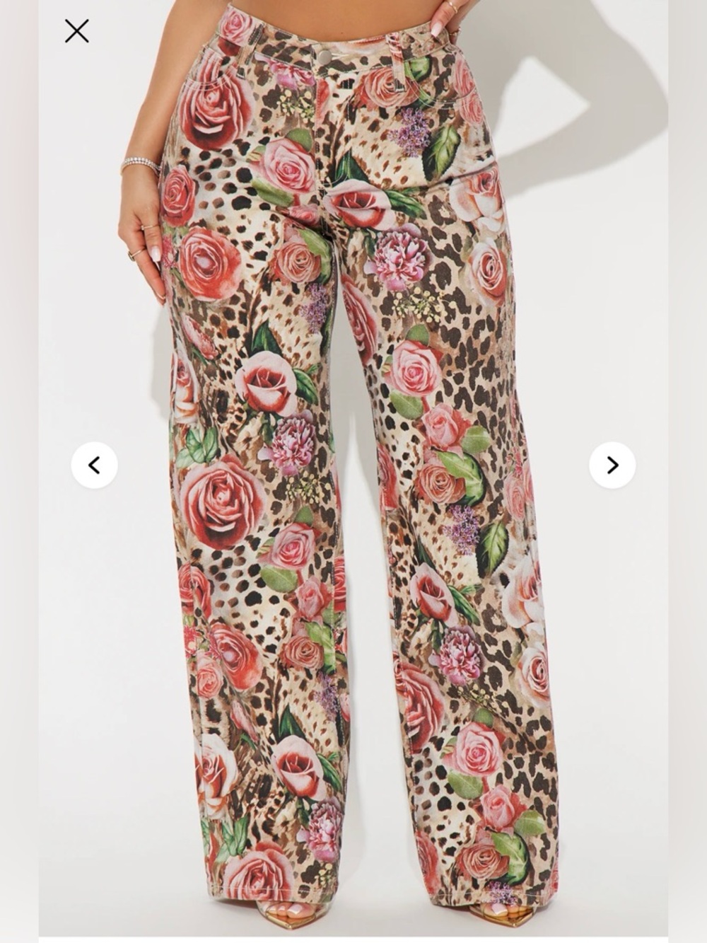 Fashion Nova Floral Rose & Leopard Print Wide Leg Pants - Pink, Green, Brown - Picture 6 of 7